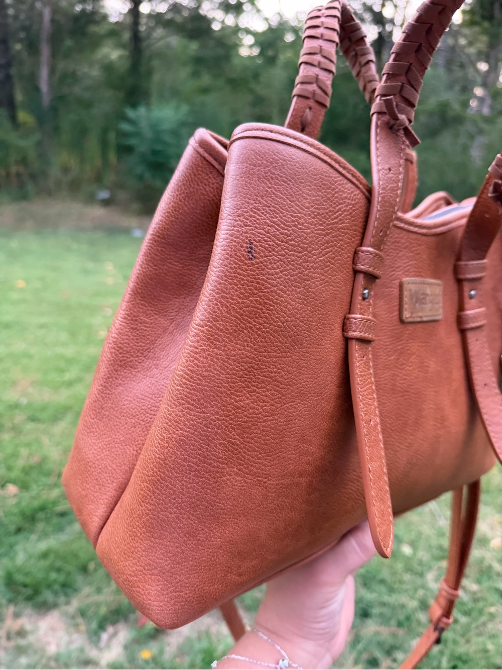 Wrangler Tan Shoulder Tote with Braided Handles and Charm - Picture 3 of 5